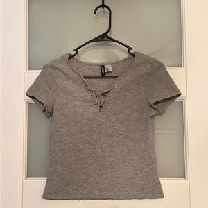H&M Gray Lace-Up Short Sleeve Top